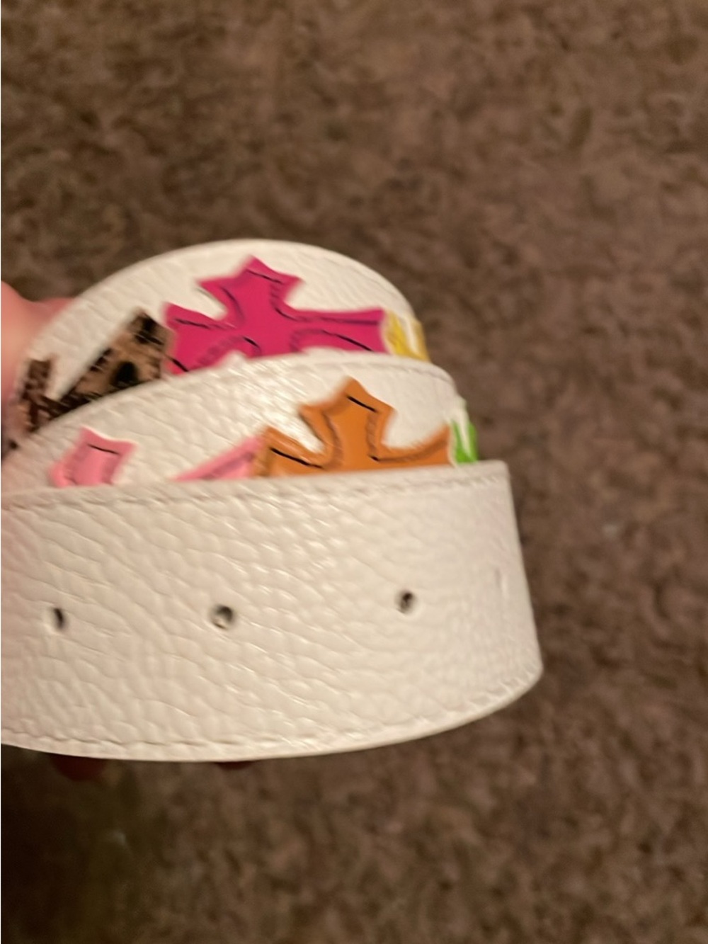 White Chrome Hearts Leather Belt with Colorful Cross Accents